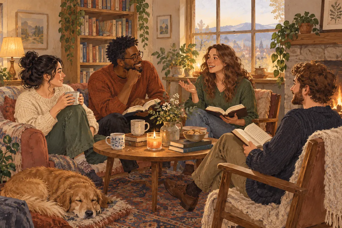 Illustration of friends discussing a short story around a table.
