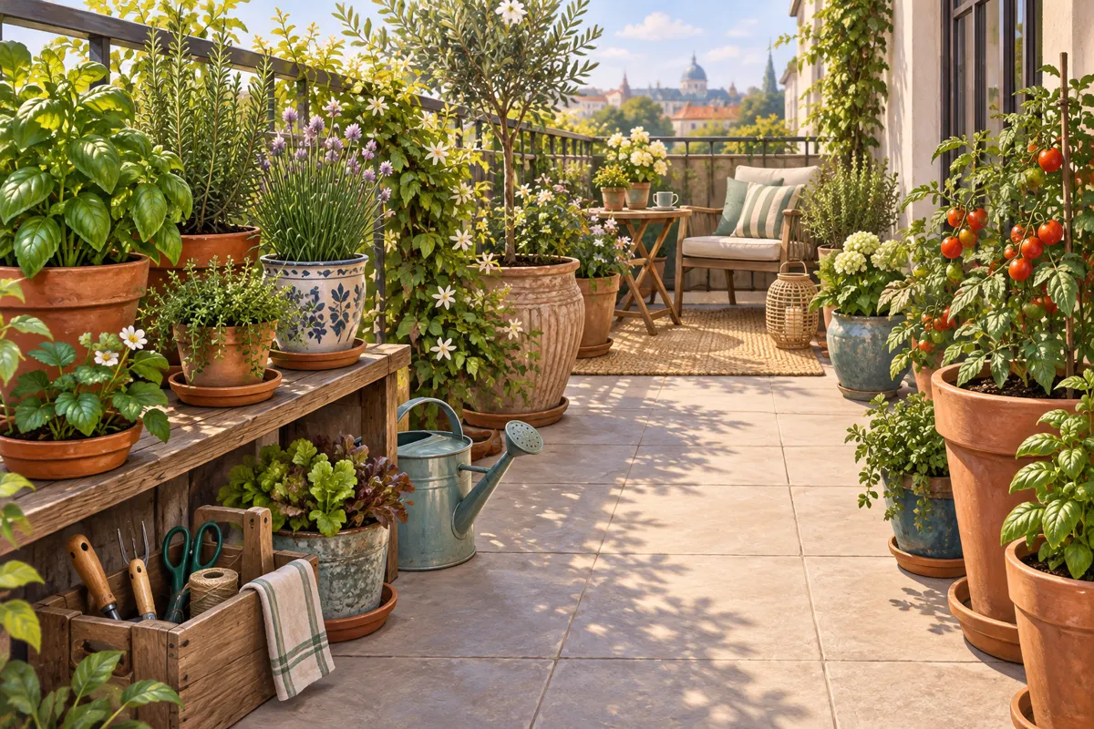 Illustration of a tidy balcony garden with grouped plant pots and neatly stored gardening tools.