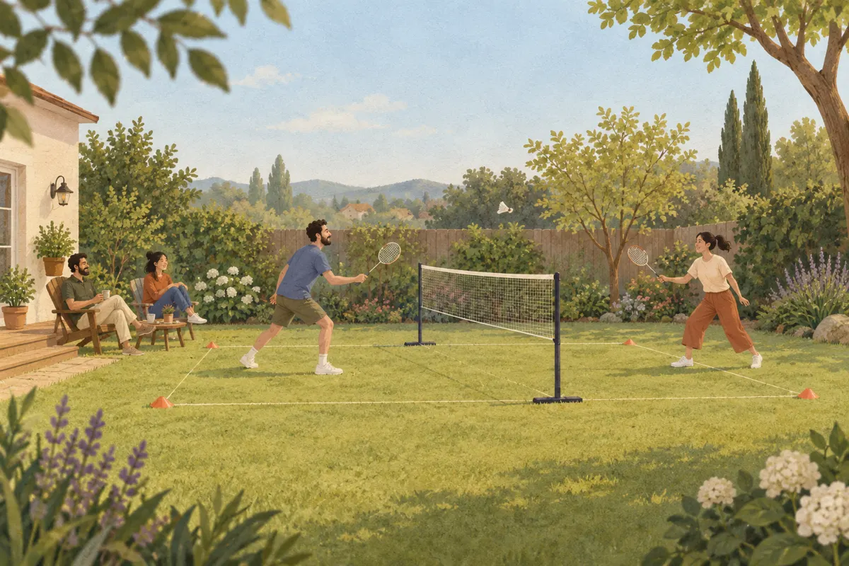 Illustration of friends playing casual badminton on a compact backyard court.