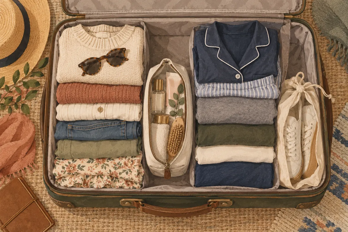 Illustration of a shared suitcase with separate clothing zones and accessible weekend essentials.