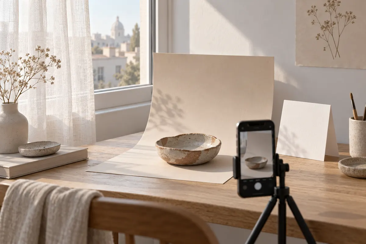 Illustrated phone photography setup with a handmade dish, window light, paper background, and white reflector card.