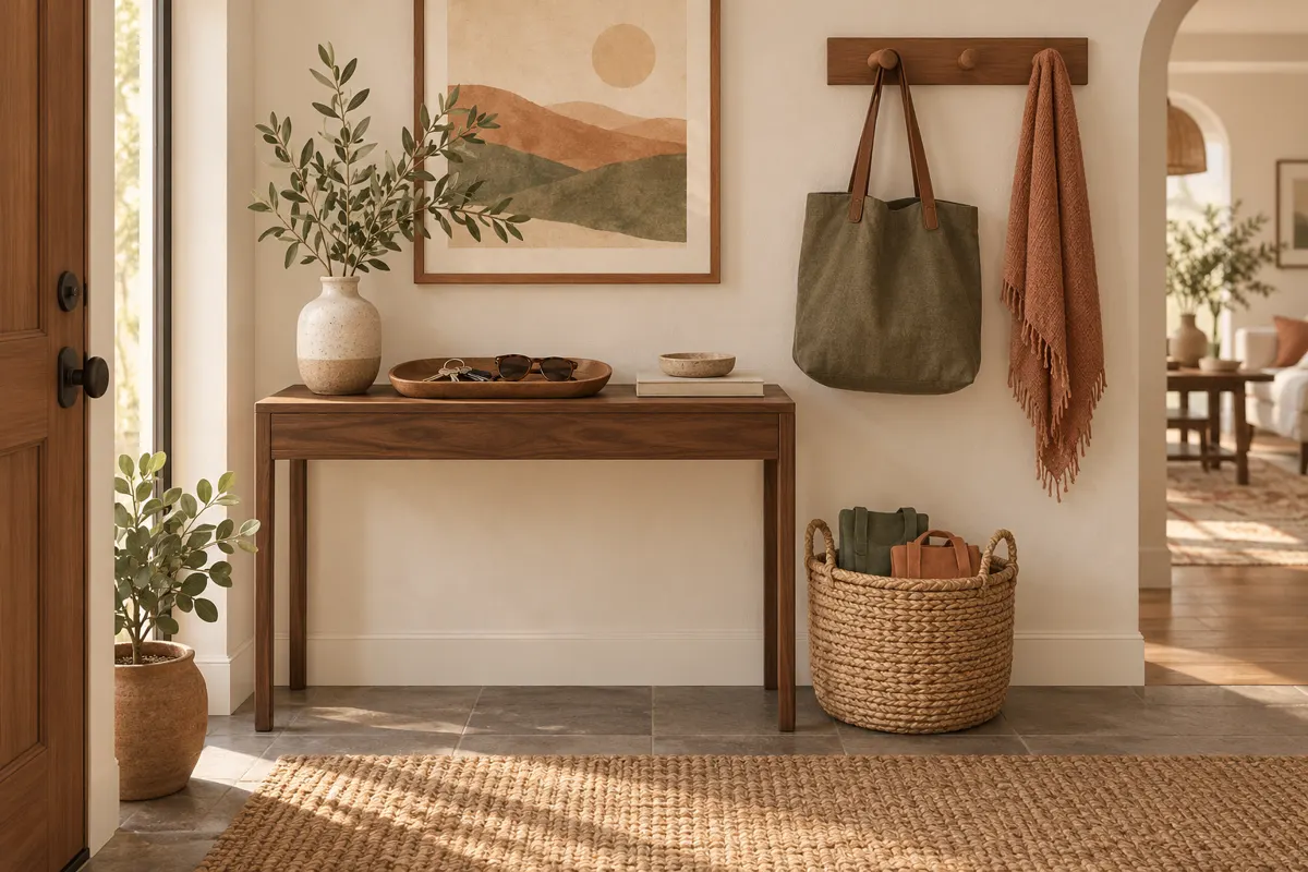 Illustrated entryway station with keys, sunglasses, an everyday bag and reusable shopping bags in assigned places.