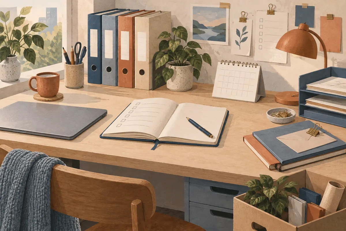 Illustration of a notebook, folders and calendar arranged for preparing a work handover.